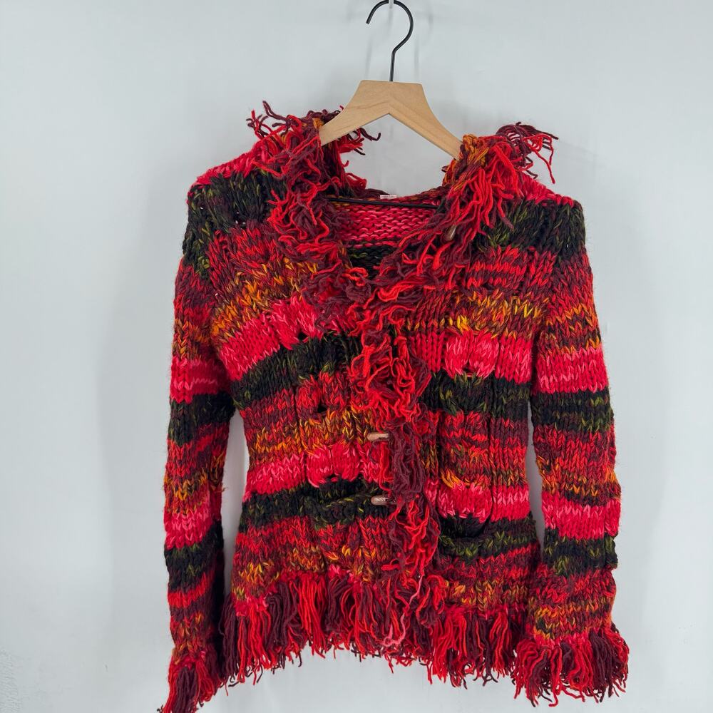 Hand Knit Wool Cardigan Boho Fringe Chunky Button Front‎ Multicolor Sweater